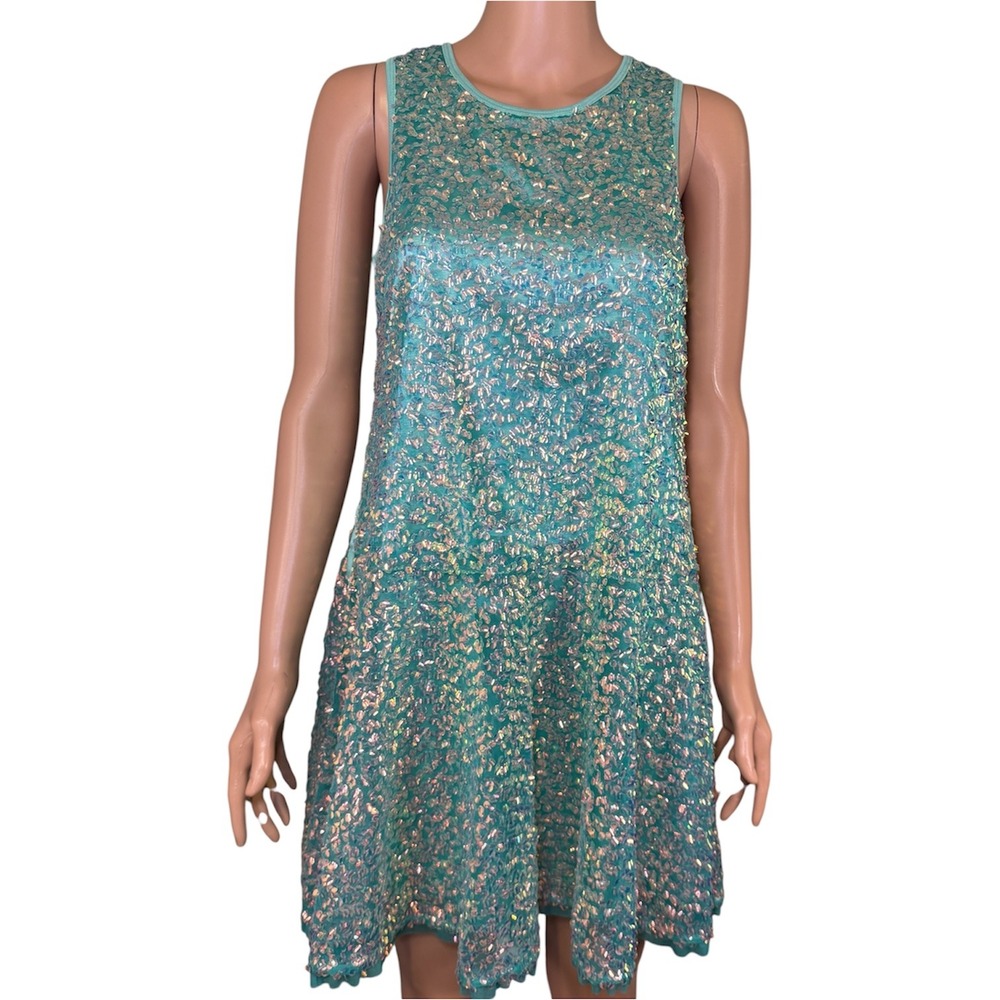 Hannah Banana by Sara Sara Teal Iridescent Sequin Drop Waist Party‎ Dress 16